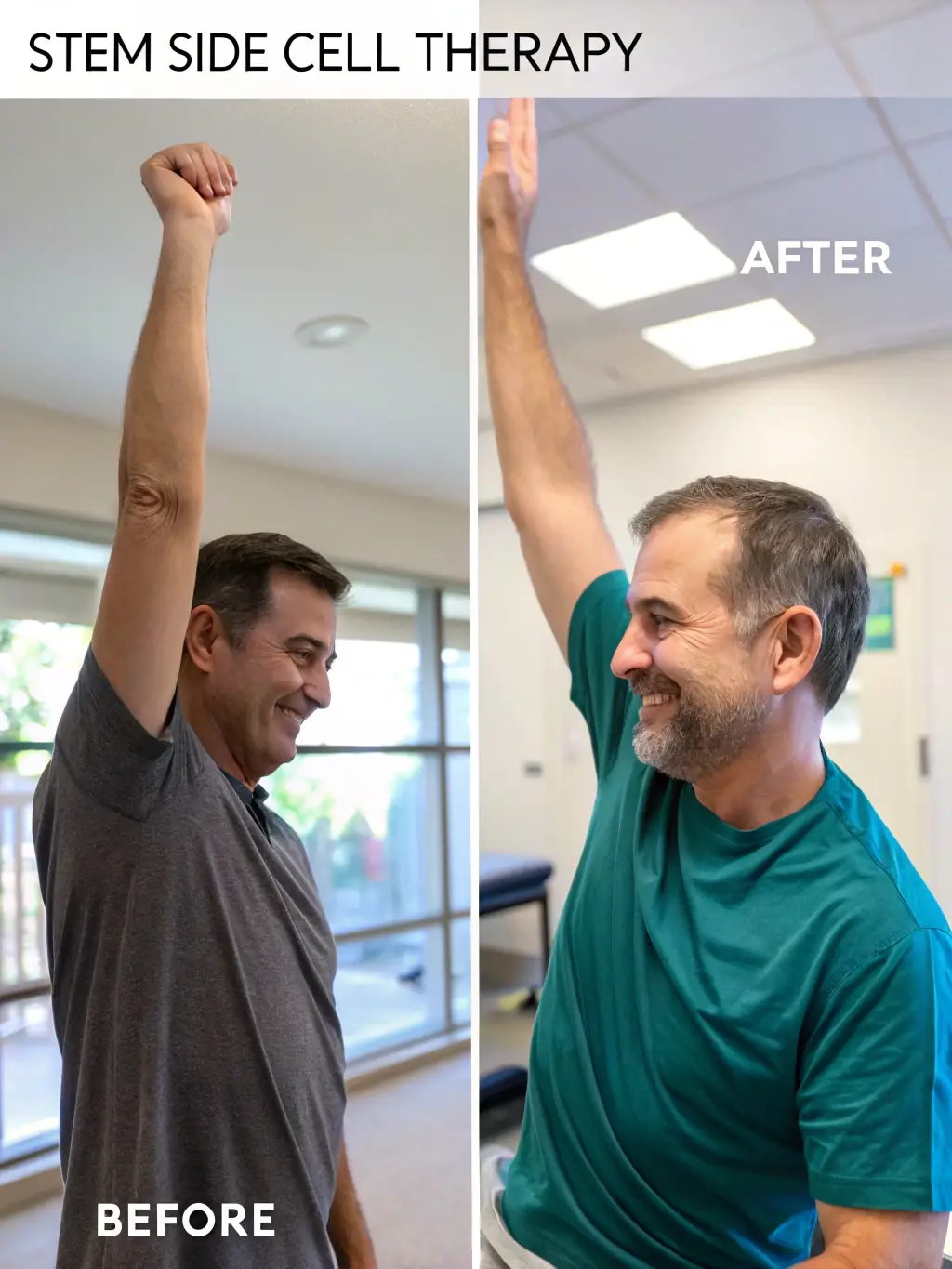 A before-and-after image showcasing the improved range of motion in a patient's shoulder following hyaluronic acid injections and physiotherapy at GB Clinics.
