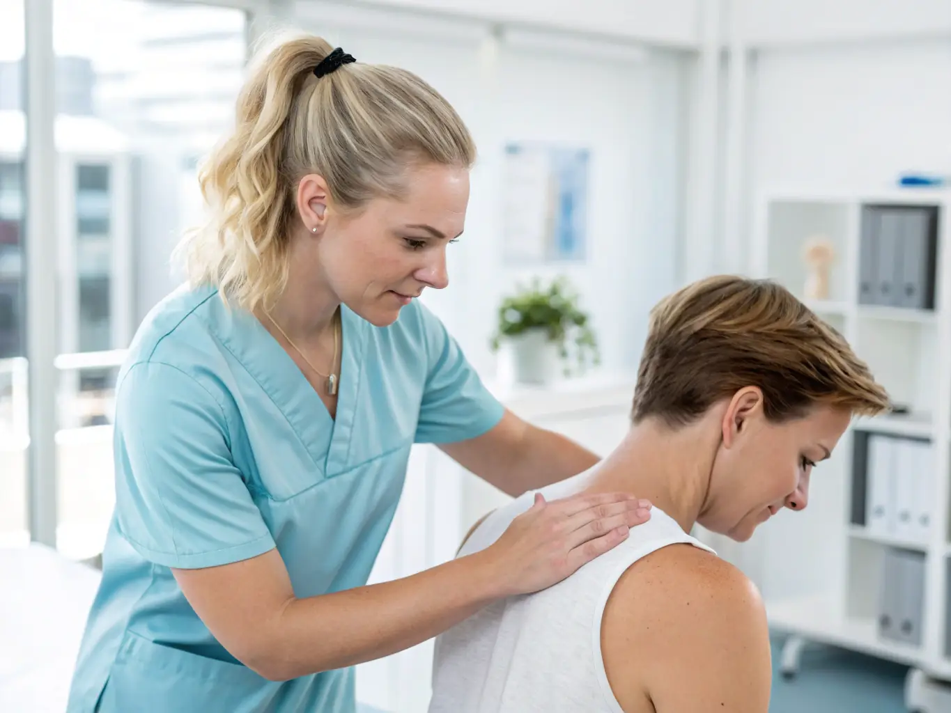 A physiotherapist assessing a patient's shoulder with a model of the human musculoskeletal system in the background, representing GB Clinics' expertise in MSK care.
