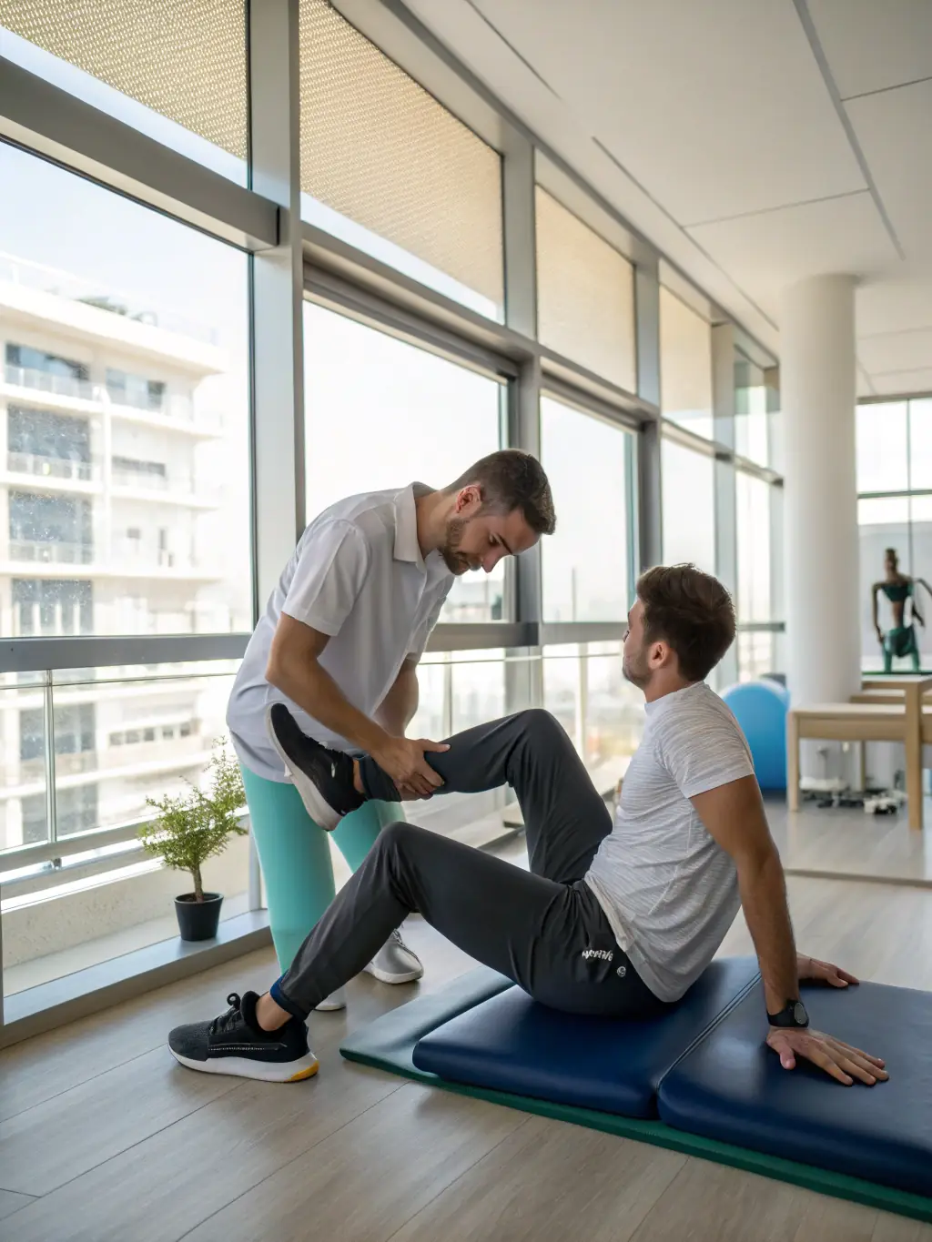 Image of a physiotherapist gently manipulating a patient's knee during a rehabilitation session, emphasizing the role of physiotherapy in conjunction with hyaluronic acid injections.