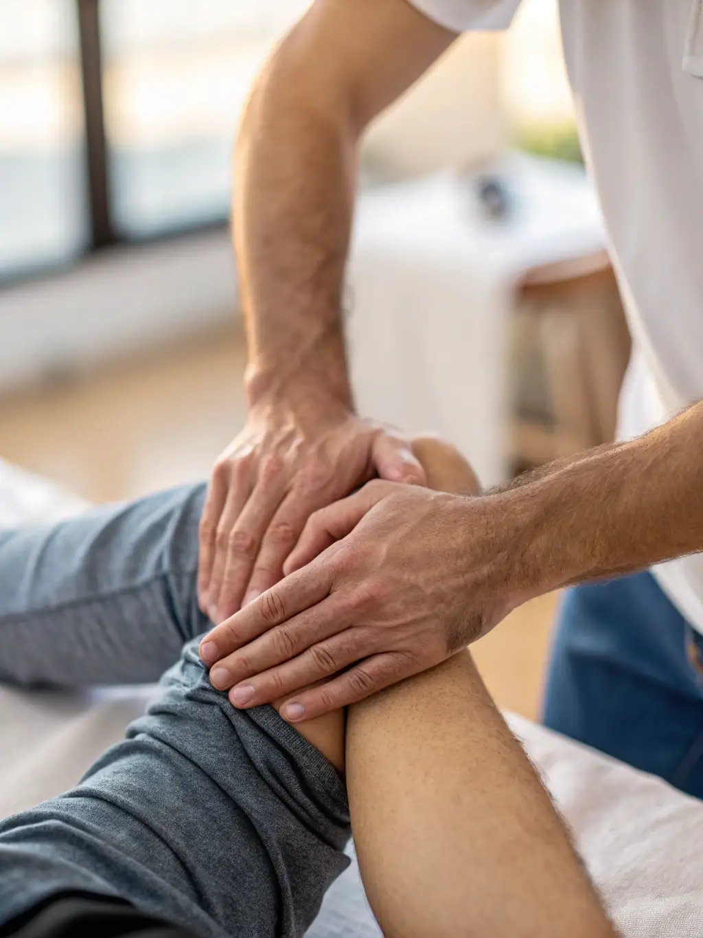 Close-up shot of a patient's hand receiving a hyaluronic acid injection into a joint, with a focus on the precision and care provided by the physiotherapist at GB Clinics.